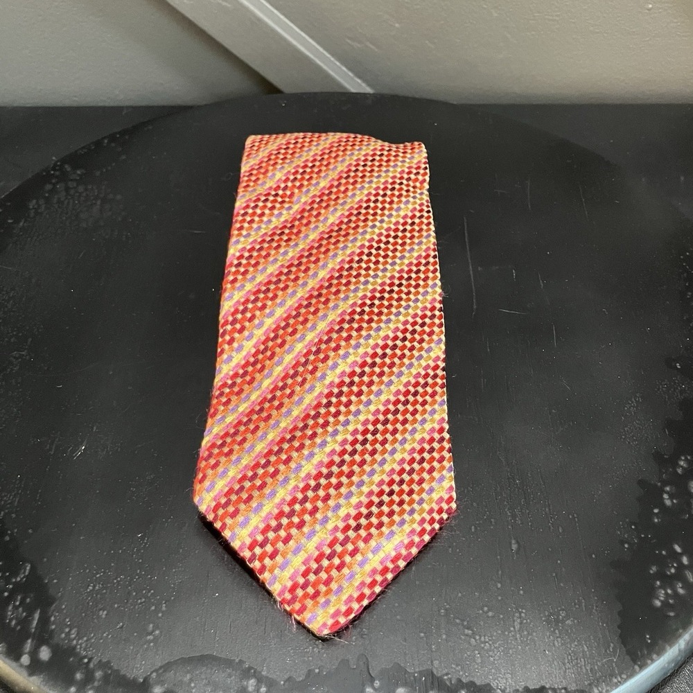 Marino Cabri 100% Silk Woven Basket Weave Neck Tie Red Orange Pink Purple Italy